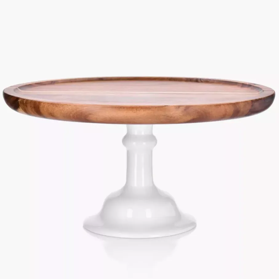 Patera z kloszem na nóżce DUKA ACACIA 29 cm brązowa drewno akacjowe