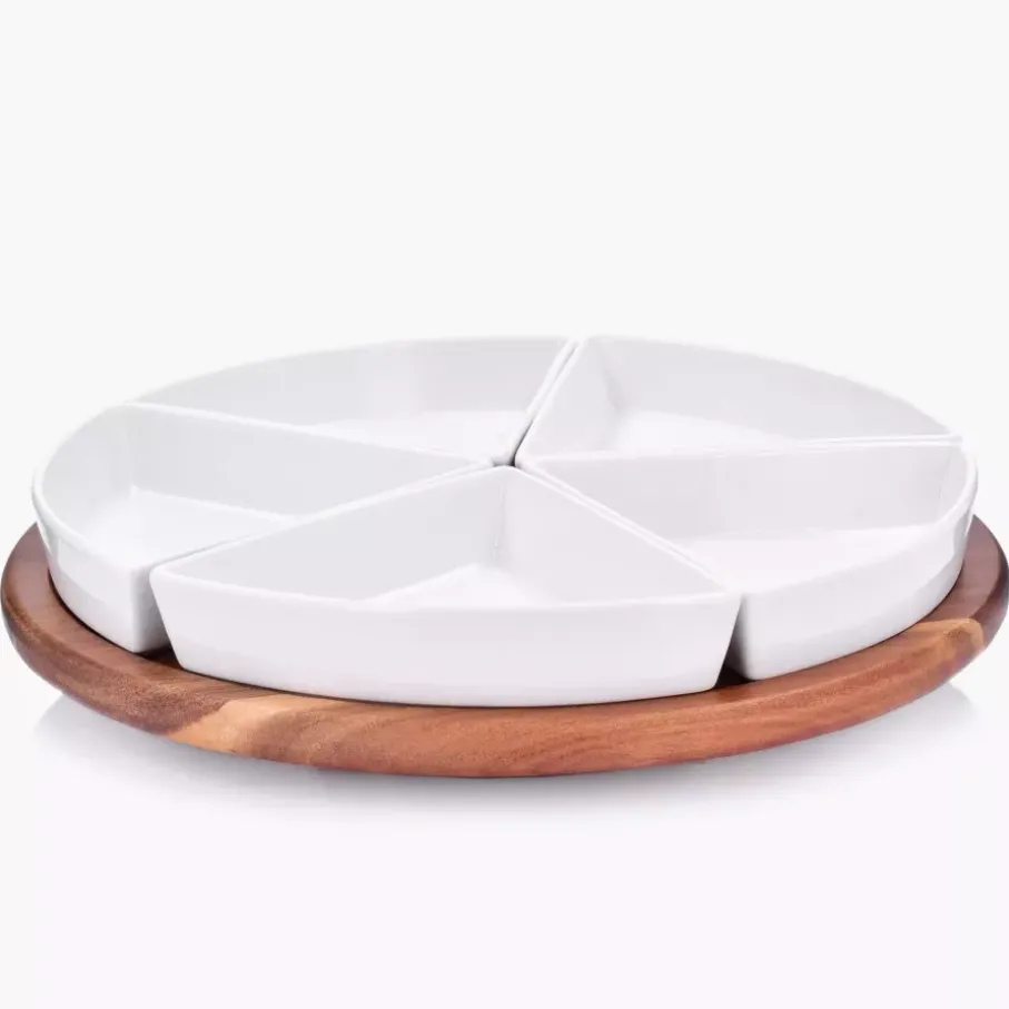 Zestaw 5 miseczek z obrotową tacą DUKA ACACIA biały porcelana drewno